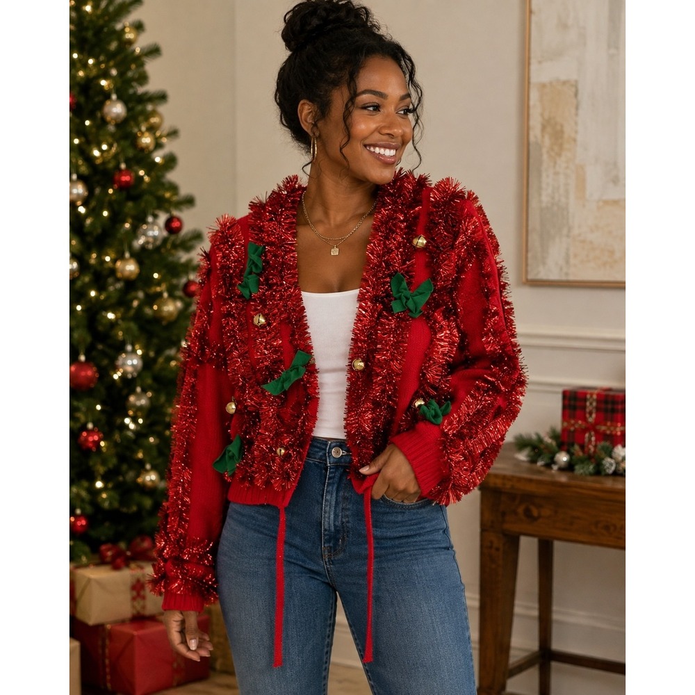 33 Degrees Red Tinsel Ugly Christmas Sweater Cardigan Bows Bells